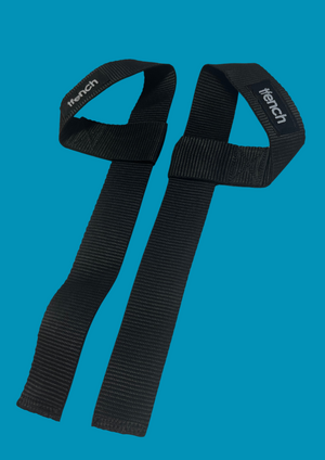 Pair of black tfench weight lifting straps looped 